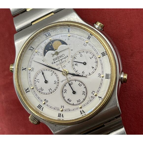 Vintage Seiko Sports 100 Moon Phase Chronograph Two Tone Quartz Watch 7a48 7009 - Picture 10 of 10
